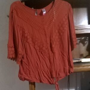 No Boundaries Women's Terracotta Blouse with Crochet Accents